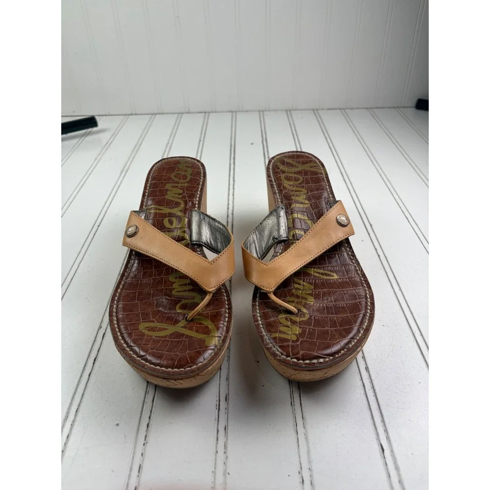 Sam Edelman Tan Leather Cork Romy Wedge Thong Platform Sandals Women's Size 7.5
